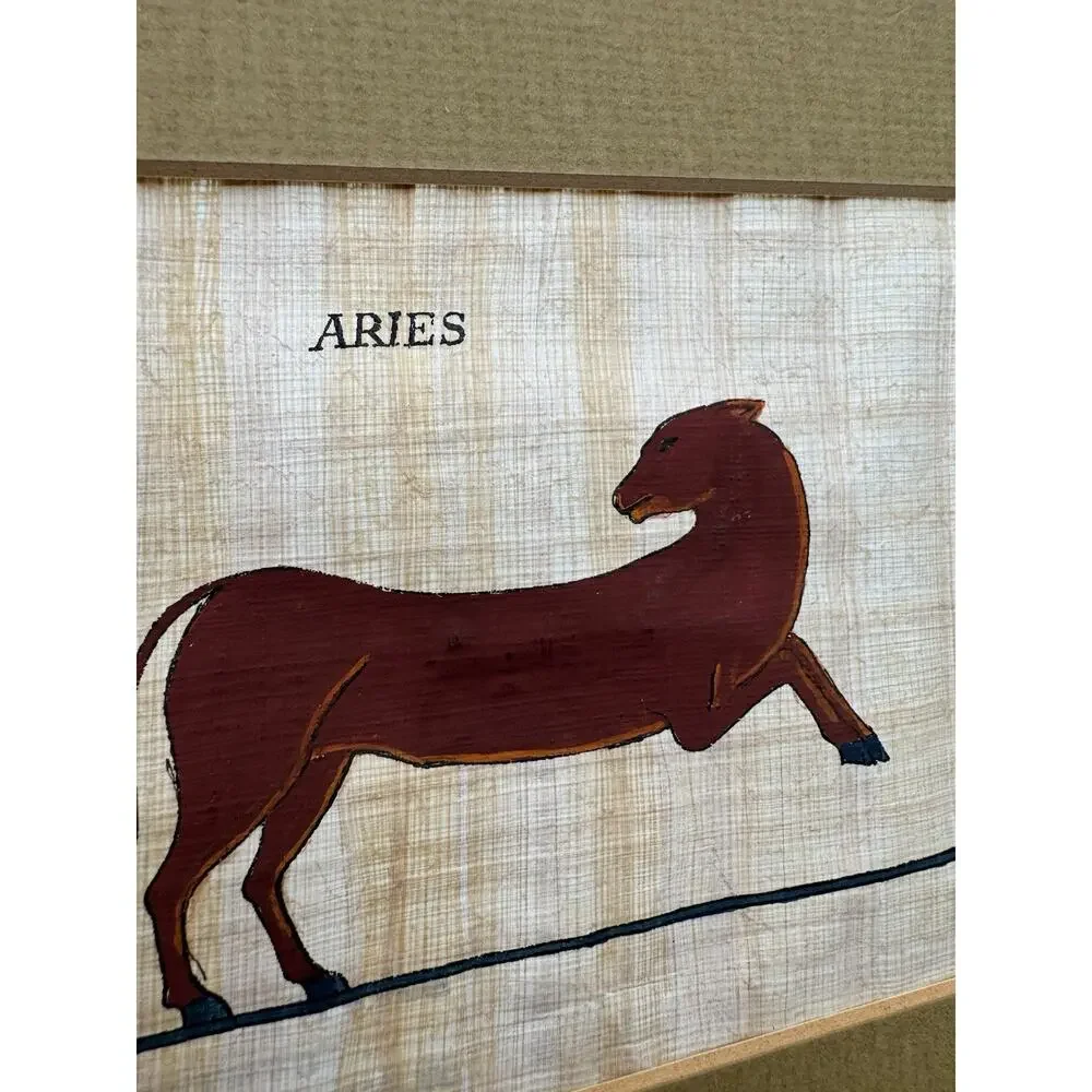 Vintage Egyptian Papyrus Painting Aries Ram Zodiac Hand Painted Art Matted 9x7.5